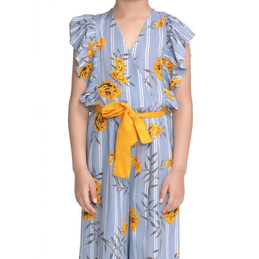 Amfyn Girl's Rayon Floral Flutter Jumpsuit (Blue-Yellow)