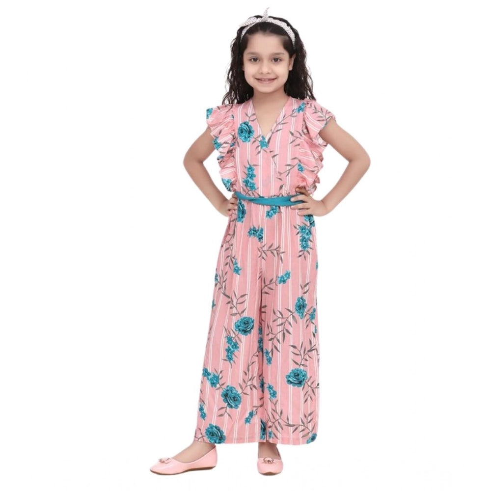 Amfyn Girl's Rayon Floral Flutter Jumpsuit (Pink-Blue)
