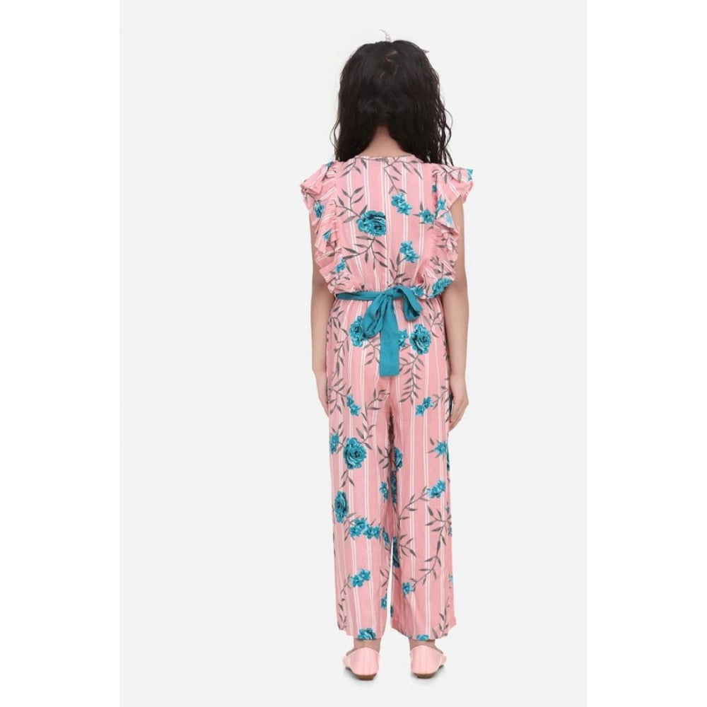 Amfyn Girl's Rayon Floral Flutter Jumpsuit (Pink-Blue)