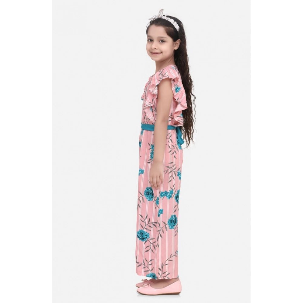 Amfyn Girl's Rayon Floral Flutter Jumpsuit (Pink-Blue)