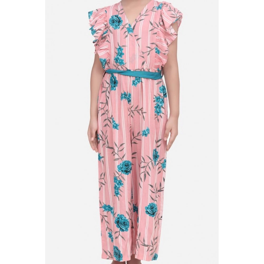 Amfyn Girl's Rayon Floral Flutter Jumpsuit (Pink-Blue)