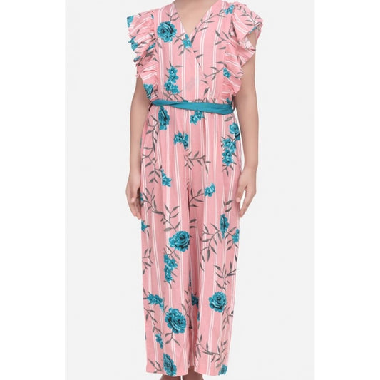 Amfyn Girl's Rayon Floral Flutter Jumpsuit (Pink-Blue)