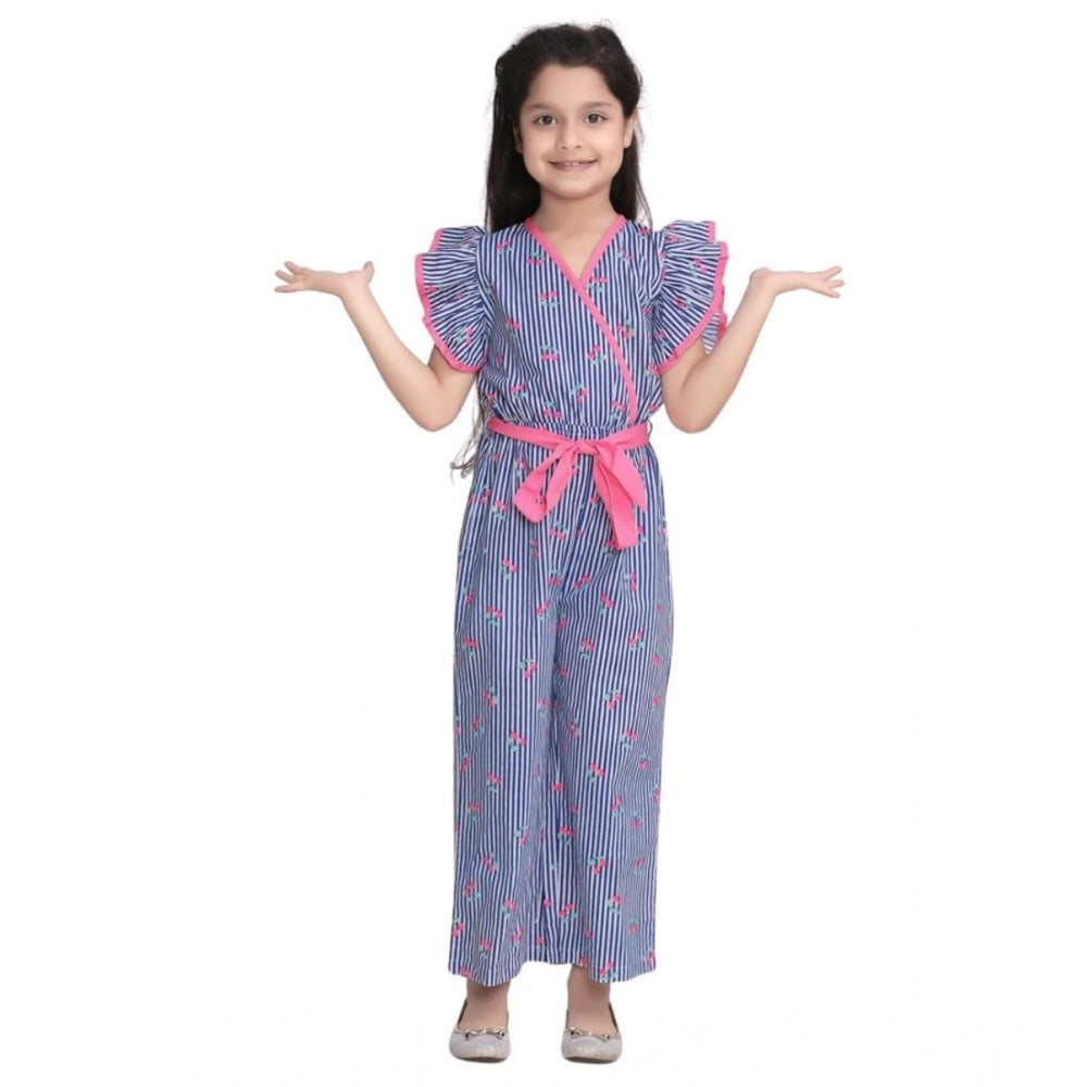 Amfyn Girl's Cotton Striped Flutter Jumpsuit (Blue-Pink)