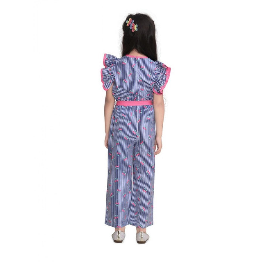 Amfyn Girl's Cotton Striped Flutter Jumpsuit (Blue-Pink)