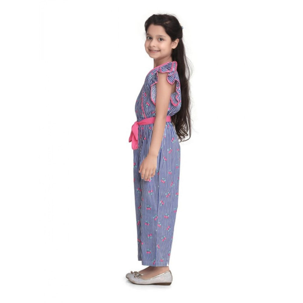 Amfyn Girl's Cotton Striped Flutter Jumpsuit (Blue-Pink)