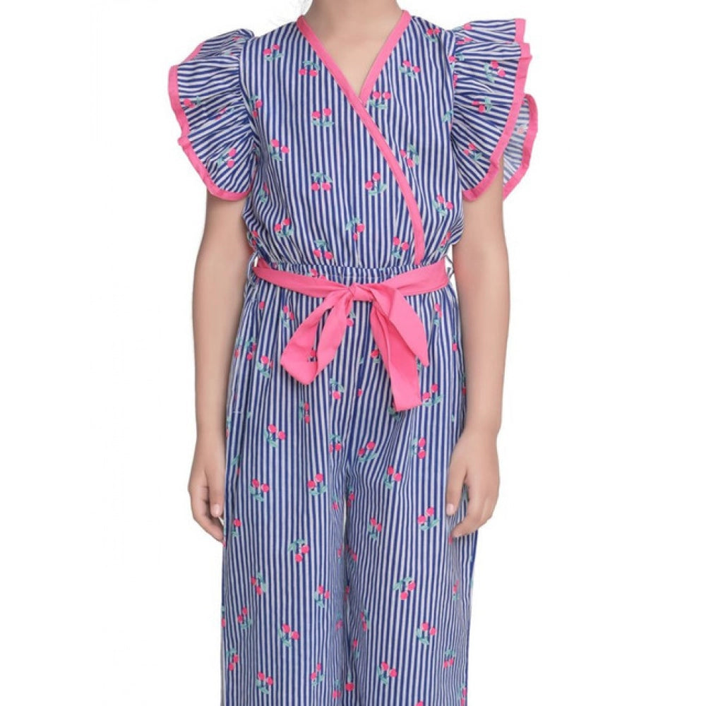 Amfyn Girl's Cotton Striped Flutter Jumpsuit (Blue-Pink)