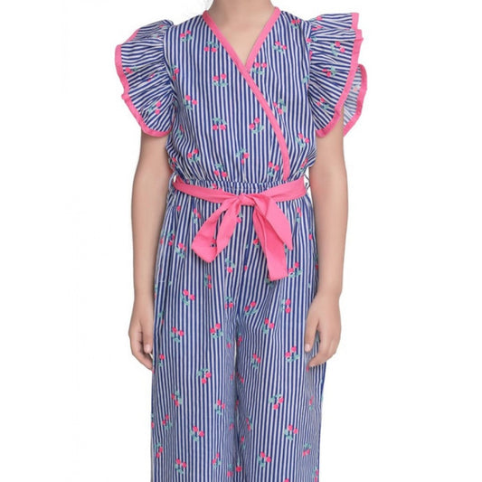 Amfyn Girl's Cotton Striped Flutter Jumpsuit (Blue-Pink)