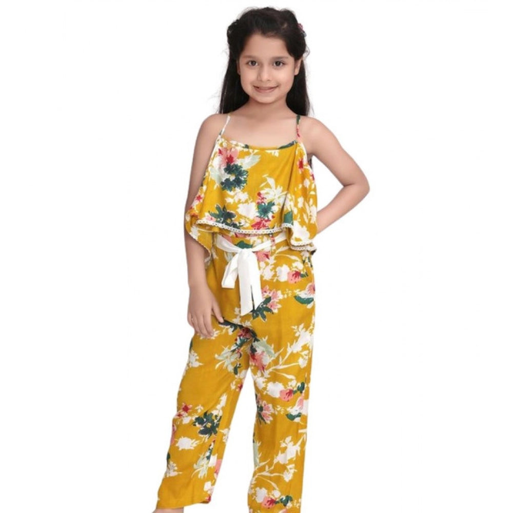 Amfyn Girl's Rayon Floral Shoulder Straps Jumpsuit (Mustard)