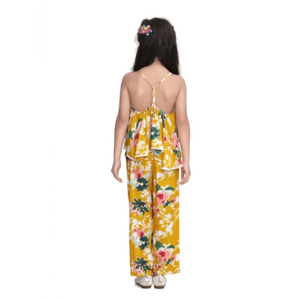 Amfyn Girl's Rayon Floral Shoulder Straps Jumpsuit (Mustard)