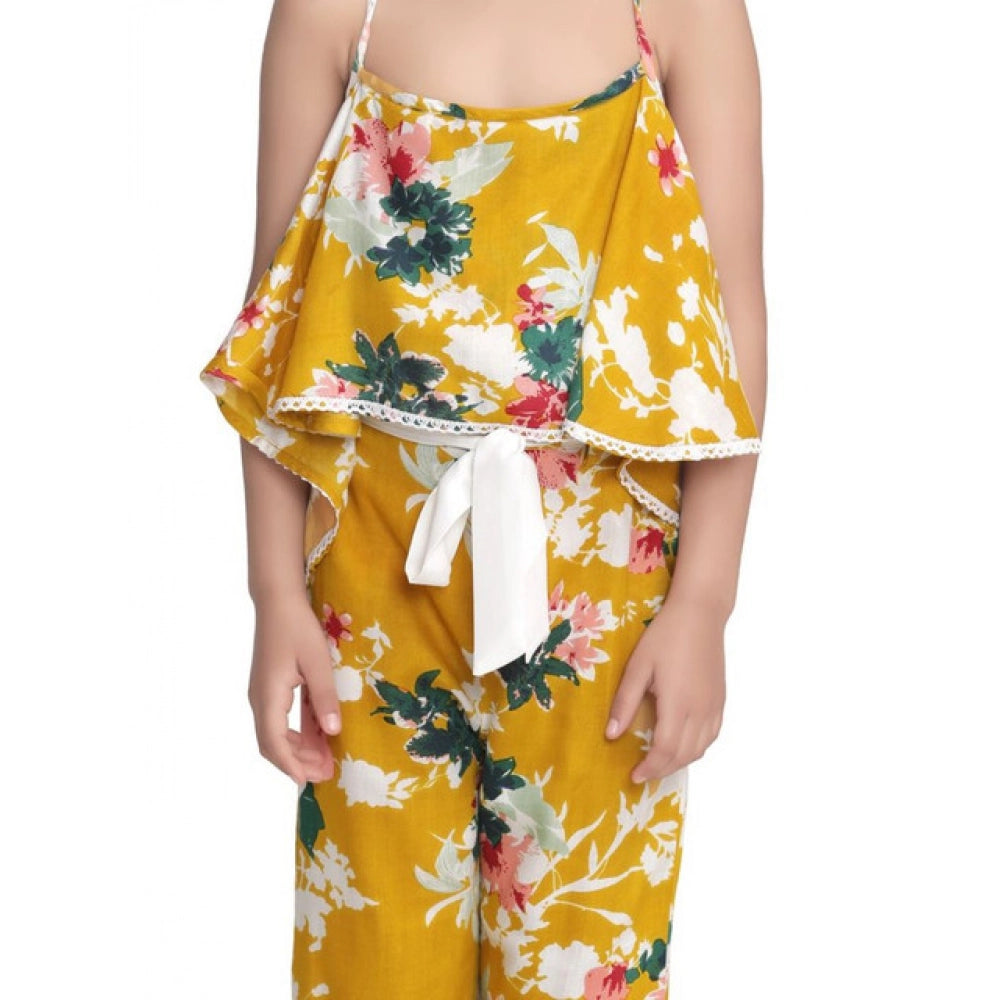 Amfyn Girl's Rayon Floral Shoulder Straps Jumpsuit (Mustard)