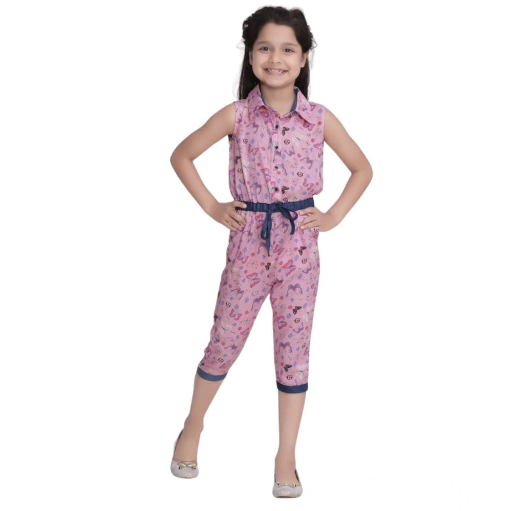 Amfyn Girl's Cotton Printed Sleeveless Jumpsuit (Pink)