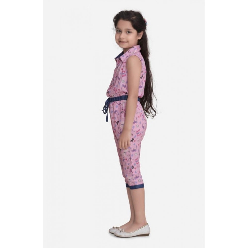 Amfyn Girl's Cotton Printed Sleeveless Jumpsuit (Pink)