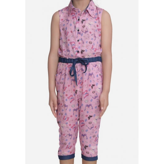 Amfyn Girl's Cotton Printed Sleeveless Jumpsuit (Pink)