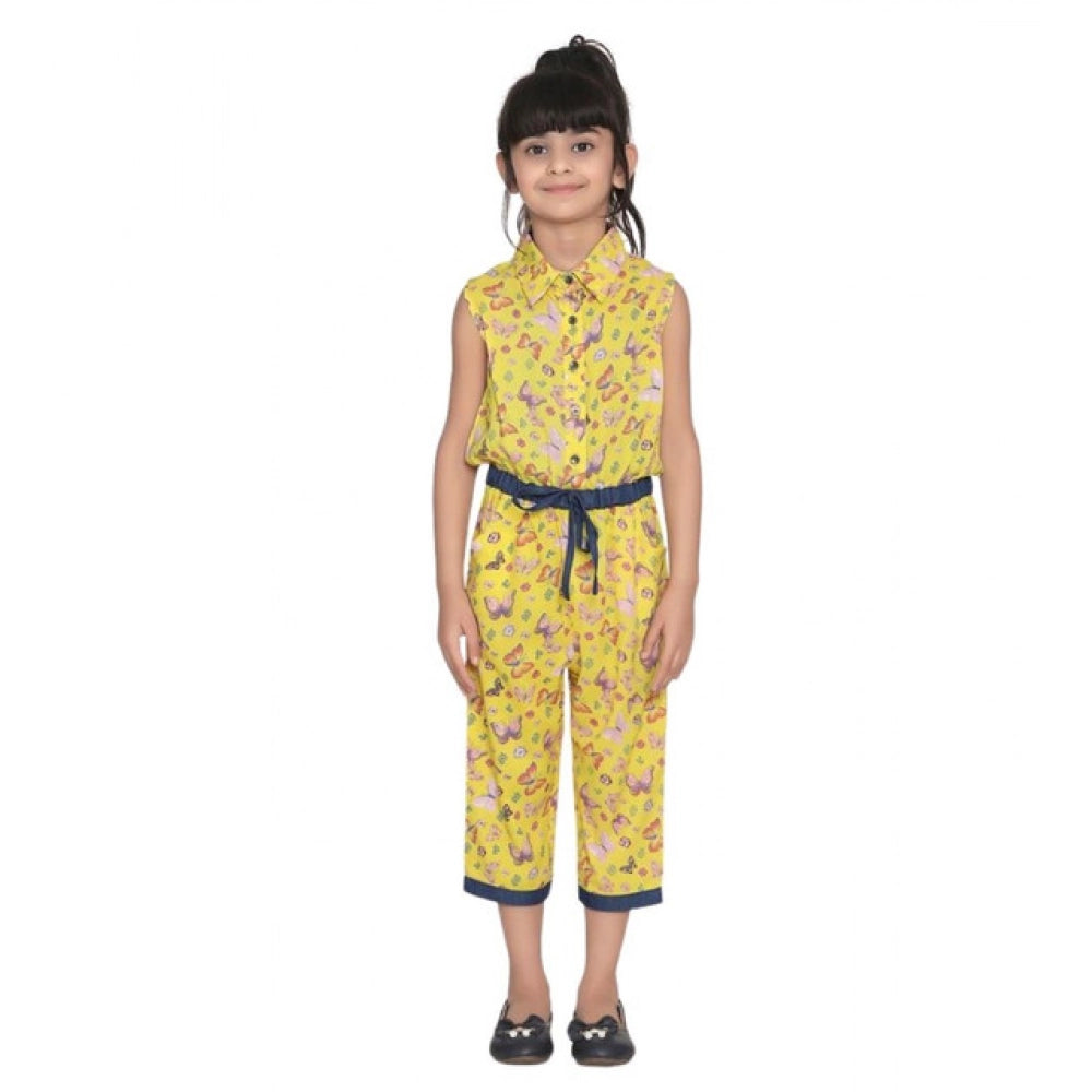 Amfyn Girl's Cotton Printed Sleeveless Jumpsuit (Yellow)