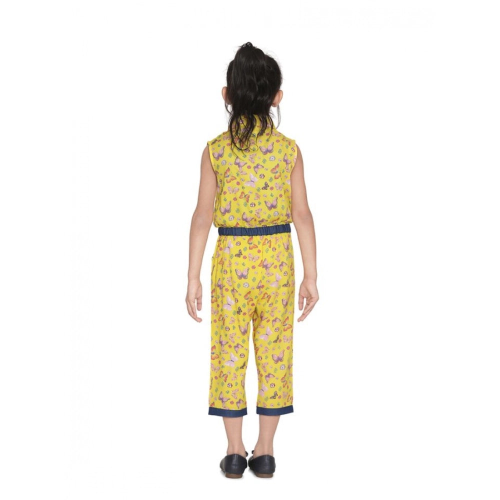 Amfyn Girl's Cotton Printed Sleeveless Jumpsuit (Yellow)