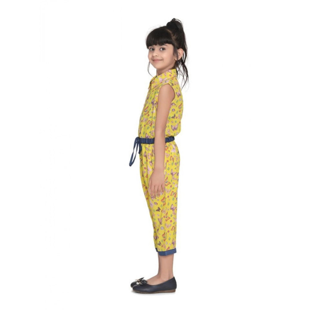 Amfyn Girl's Cotton Printed Sleeveless Jumpsuit (Yellow)