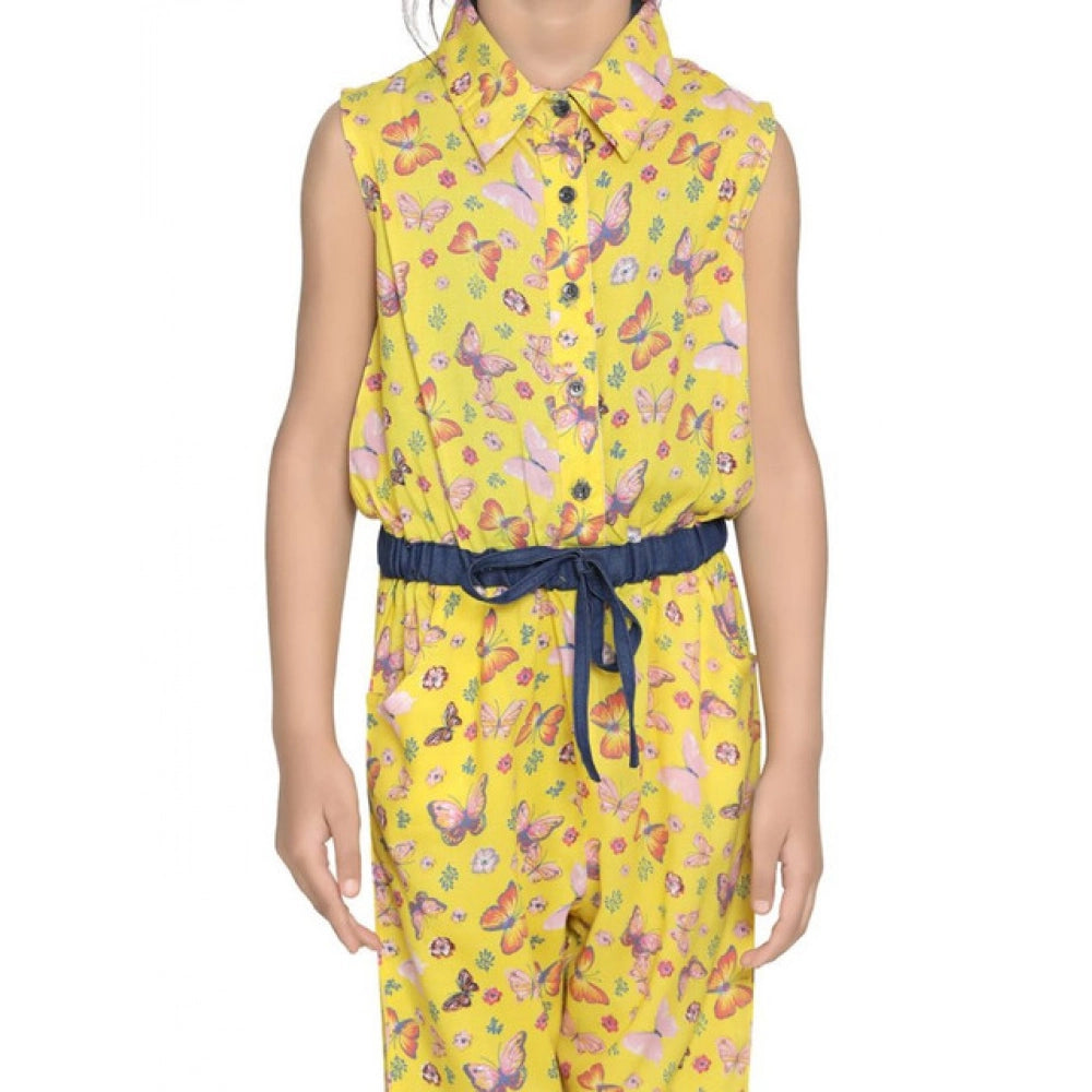 Amfyn Girl's Cotton Printed Sleeveless Jumpsuit (Yellow)