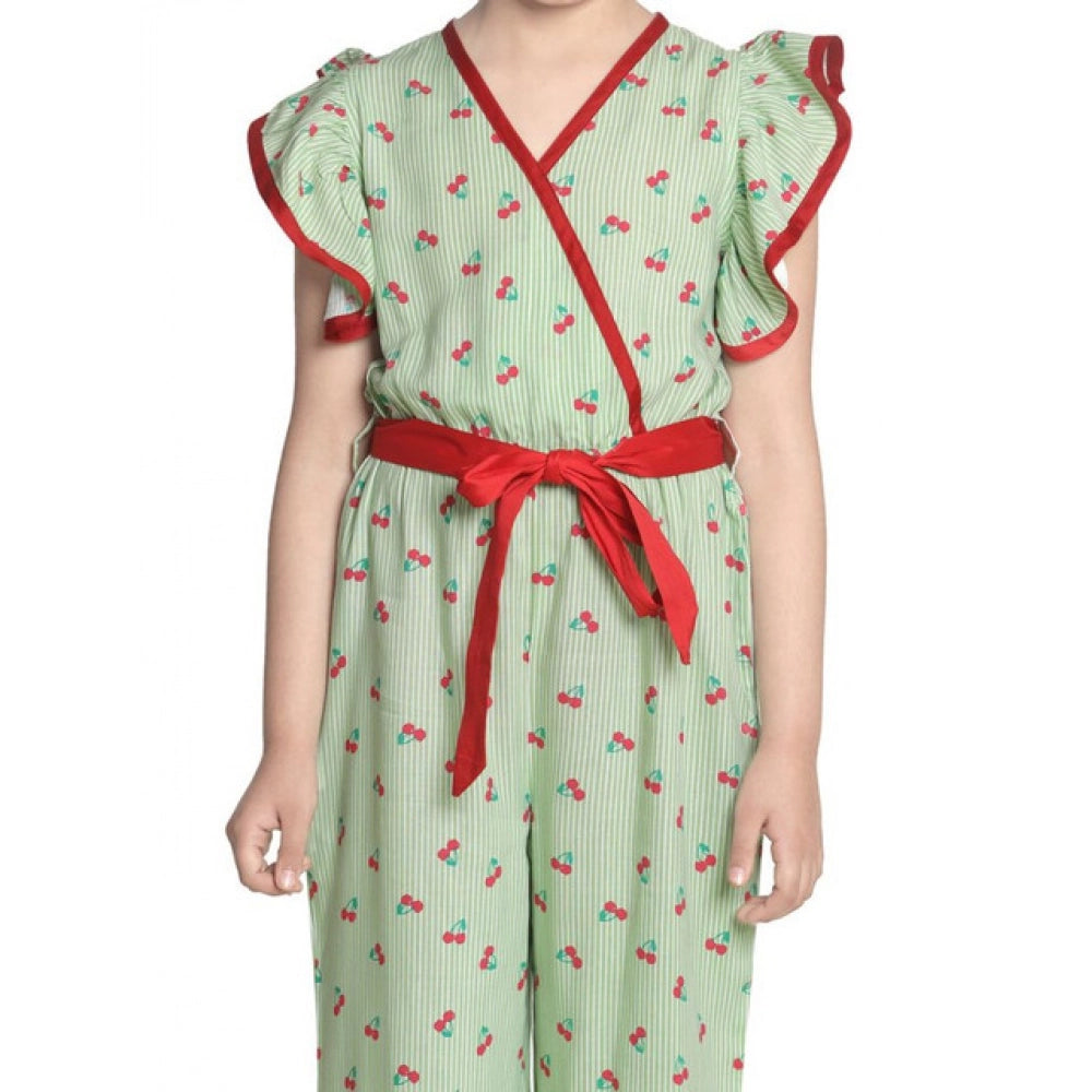Amfyn Girl's Rayon Printed Flutter Jumpsuit (Green)