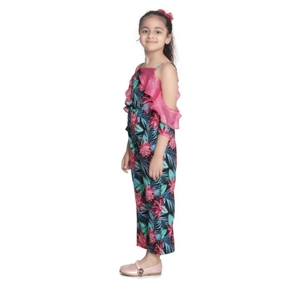 Amfyn Girl's Polyester Floral Cold Shoulder Jumpsuit (Pink)