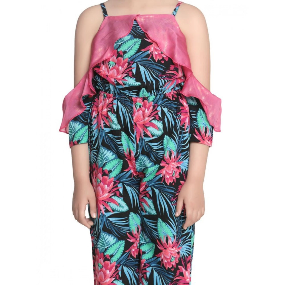 Amfyn Girl's Polyester Floral Cold Shoulder Jumpsuit (Pink)