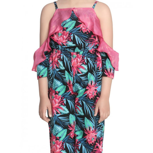 Amfyn Girl's Polyester Floral Cold Shoulder Jumpsuit (Pink)