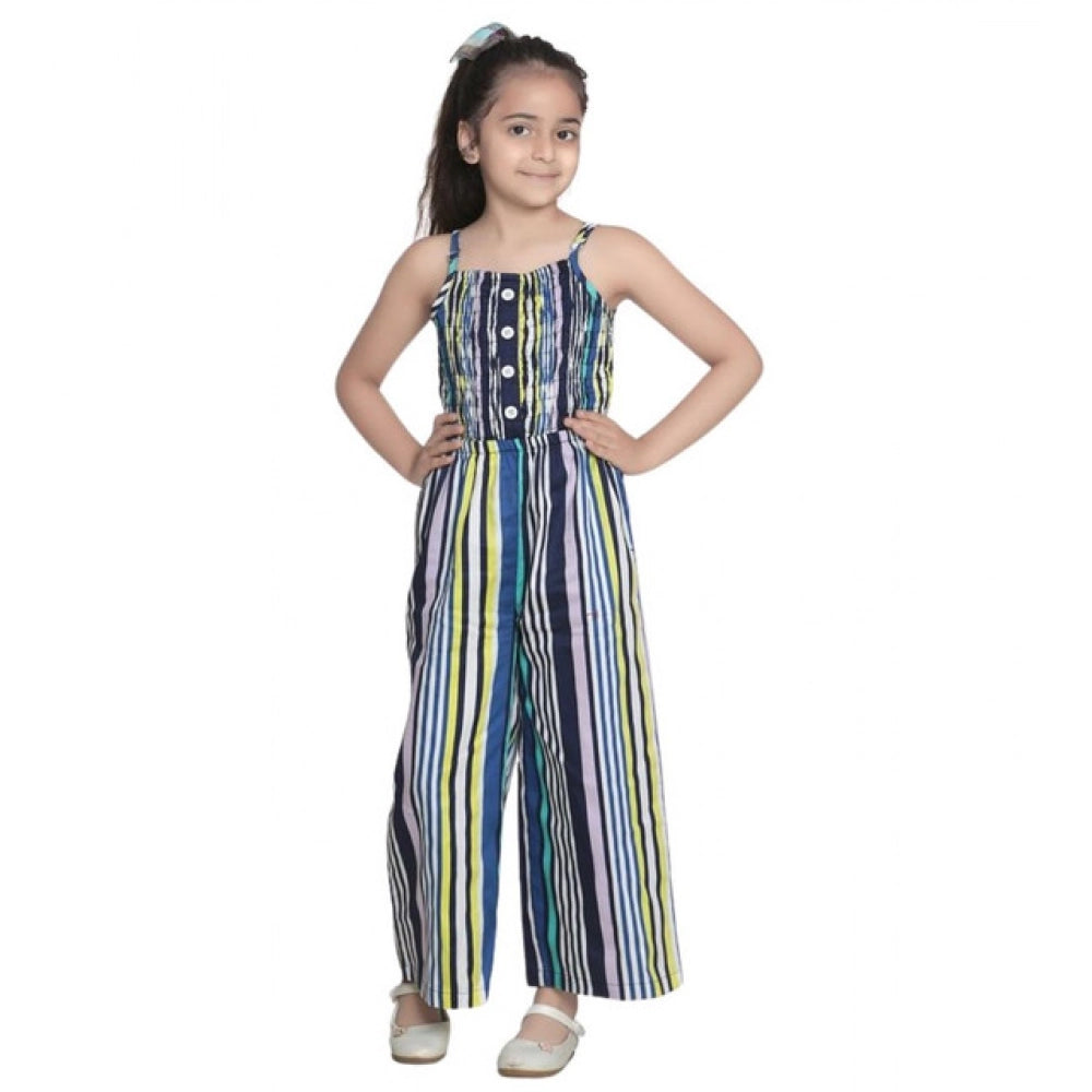 Amfyn Girl's Rayon Striped Sleeveless Jumpsuit (Blue)