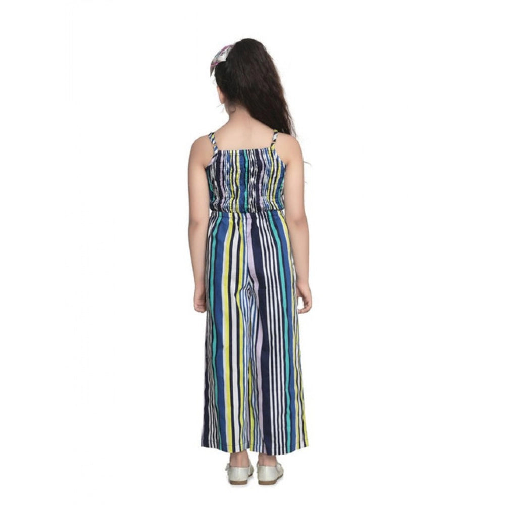 Amfyn Girl's Rayon Striped Sleeveless Jumpsuit (Blue)