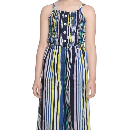 Amfyn Girl's Rayon Striped Sleeveless Jumpsuit (Blue)