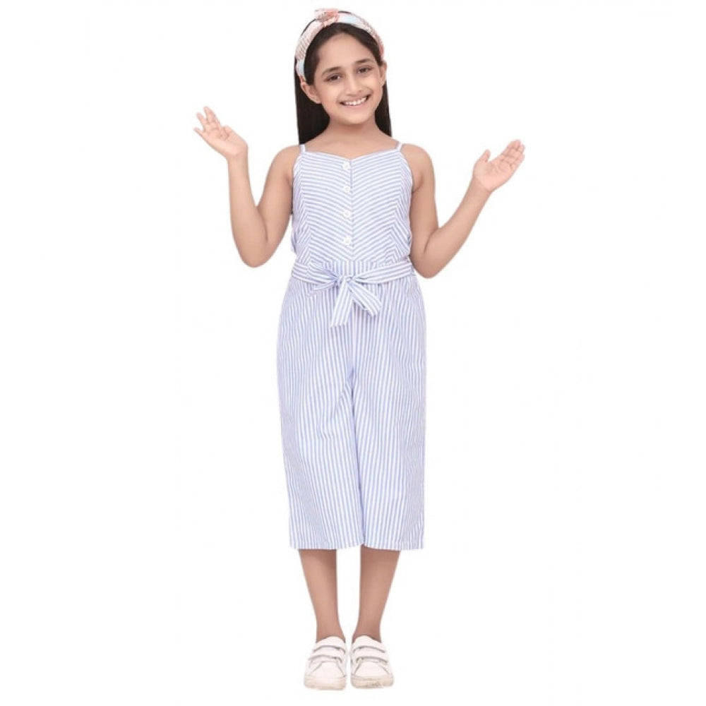 Amfyn Girl's Polyester Cotton Blend Striped Sleeveless Jumpsuit (Light Blue)