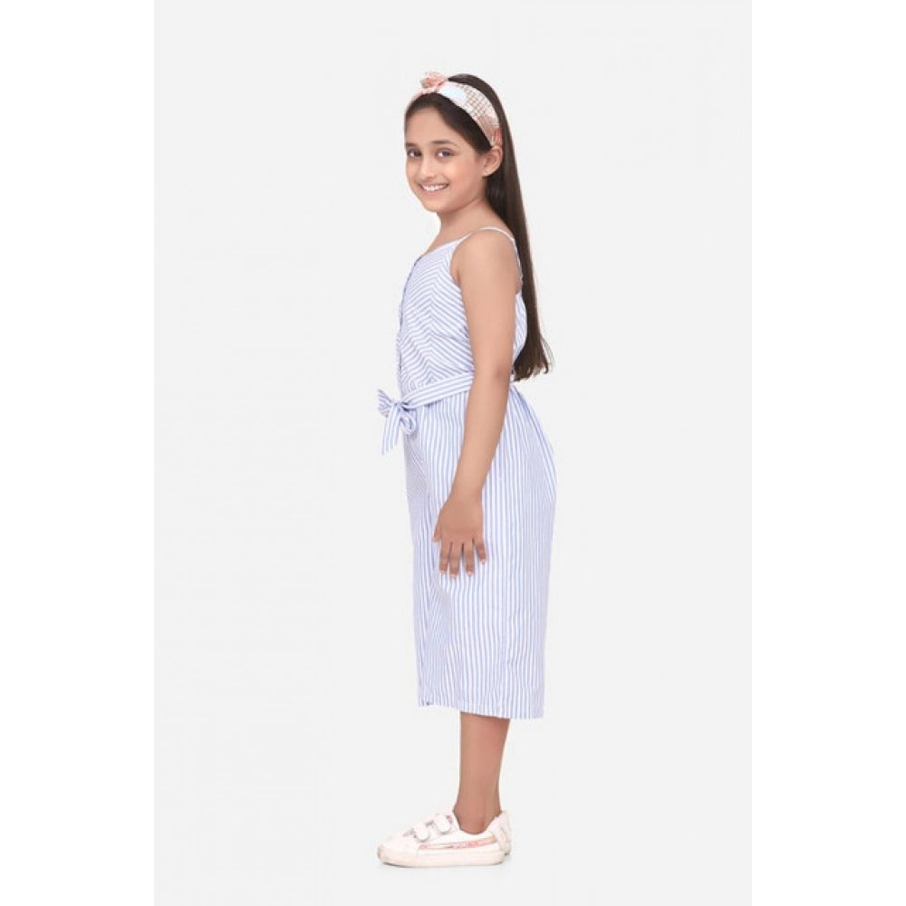 Amfyn Girl's Polyester Cotton Blend Striped Sleeveless Jumpsuit (Light Blue)
