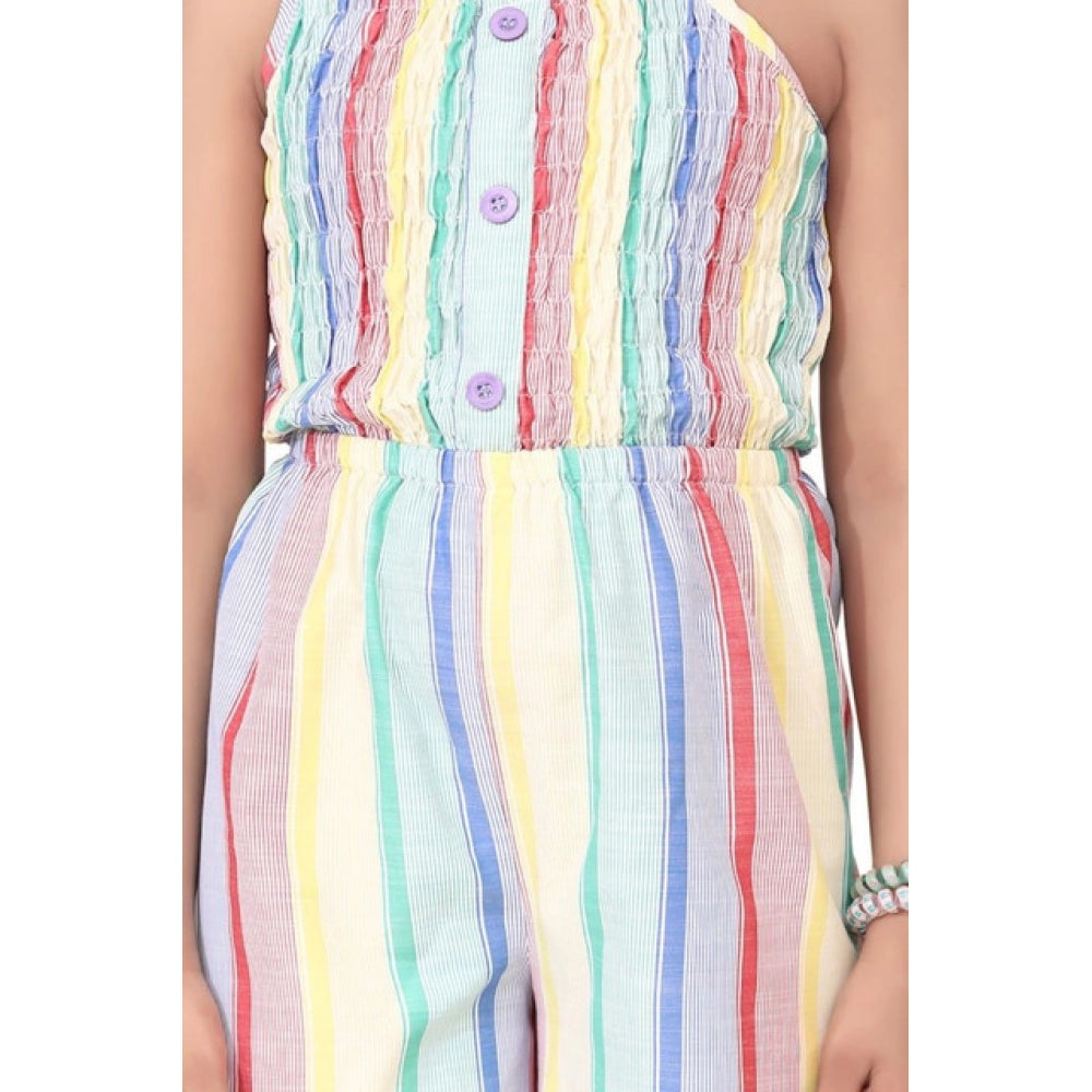 Amfyn Girl's Polyester Cotton Blend Striped Sleeveless Jumpsuit (Multicolor)