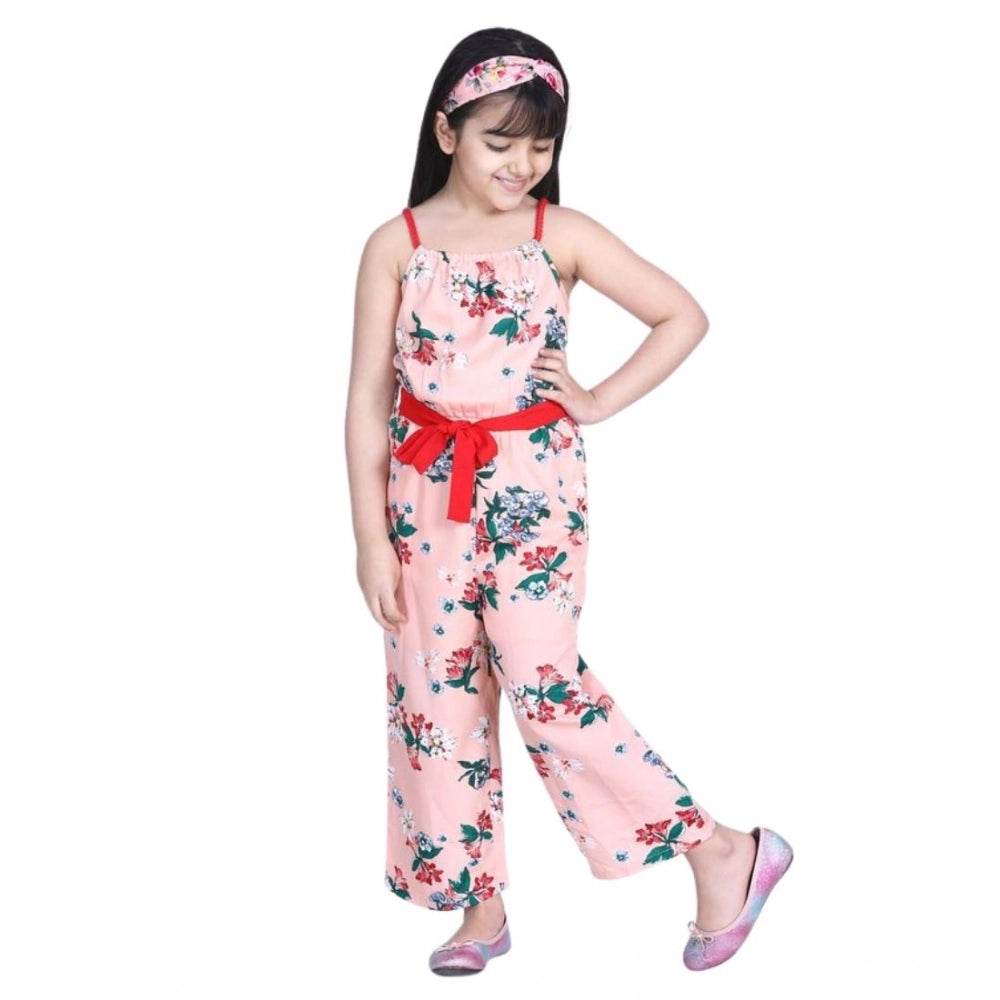 Amfyn Girl's Polyester Crepe Floral Shoulder Straps Jumpsuit (Peach-Red)