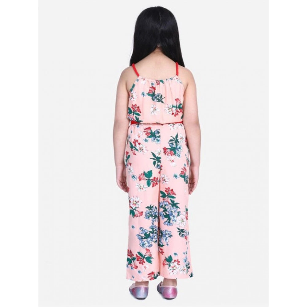 Amfyn Girl's Polyester Crepe Floral Shoulder Straps Jumpsuit (Peach-Red)