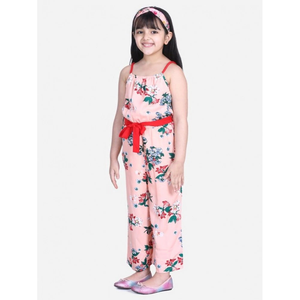 Amfyn Girl's Polyester Crepe Floral Shoulder Straps Jumpsuit (Peach-Red)
