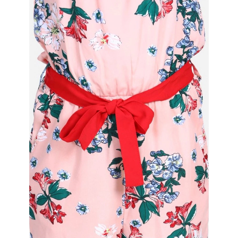 Amfyn Girl's Polyester Crepe Floral Shoulder Straps Jumpsuit (Peach-Red)