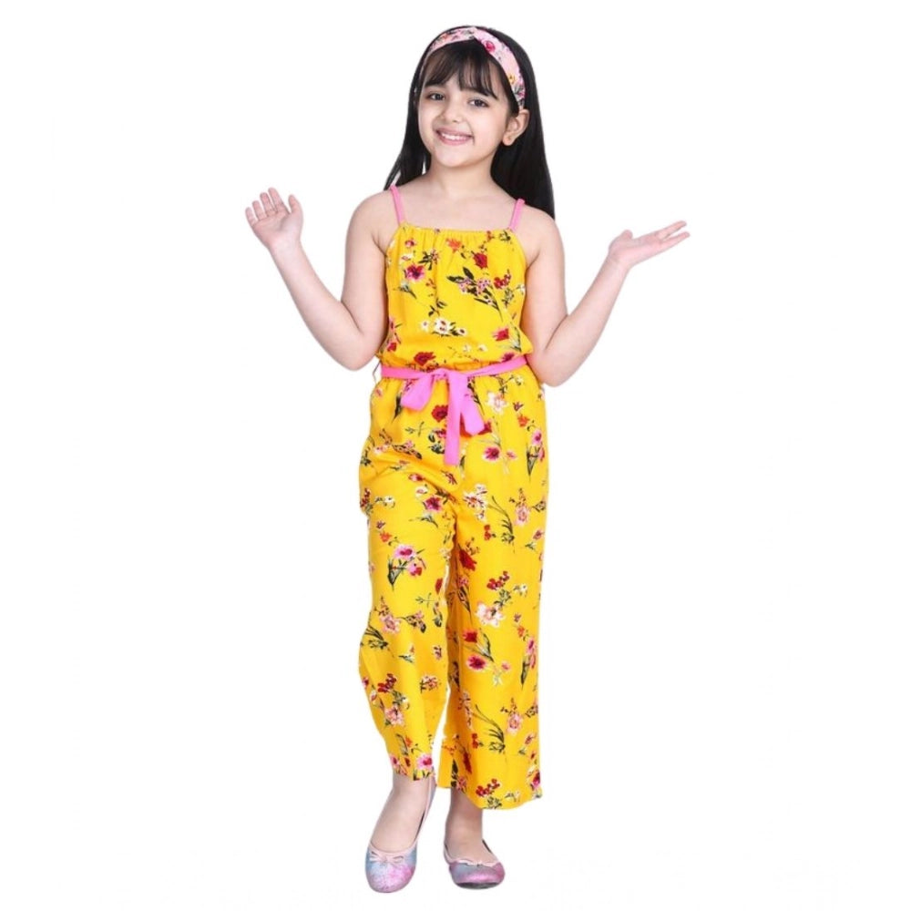 Amfyn Girl's Polyester Crepe Floral Shoulder Straps Jumpsuit (Yellow-Pink)
