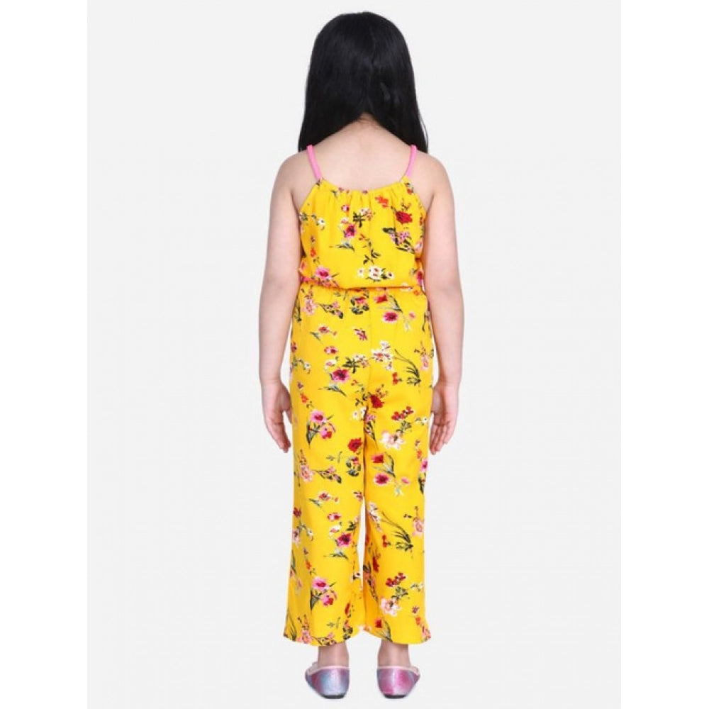 Amfyn Girl's Polyester Crepe Floral Shoulder Straps Jumpsuit (Yellow-Pink)