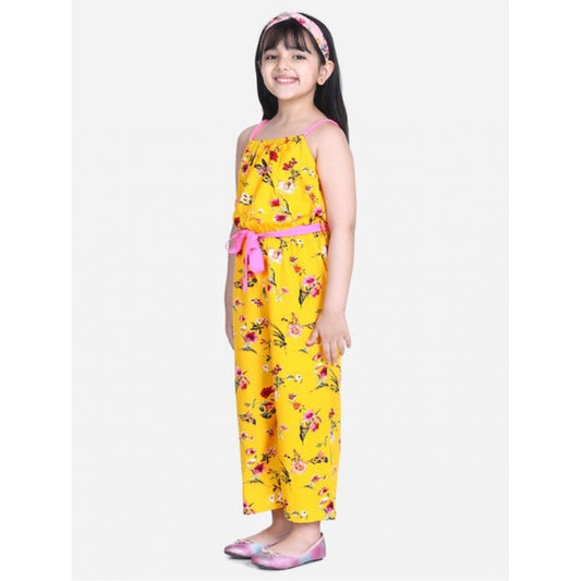Amfyn Girl's Polyester Crepe Floral Shoulder Straps Jumpsuit (Yellow-Pink)