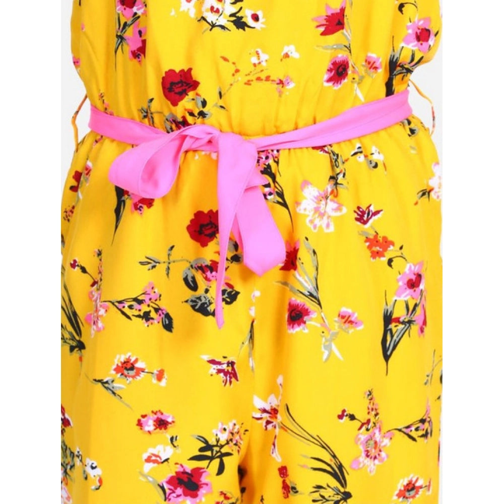 Amfyn Girl's Polyester Crepe Floral Shoulder Straps Jumpsuit (Yellow-Pink)
