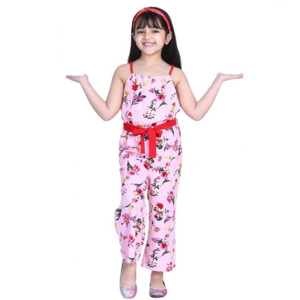 Amfyn Girl's Polyester Crepe Floral Shoulder Straps Jumpsuit (Pink-Red)