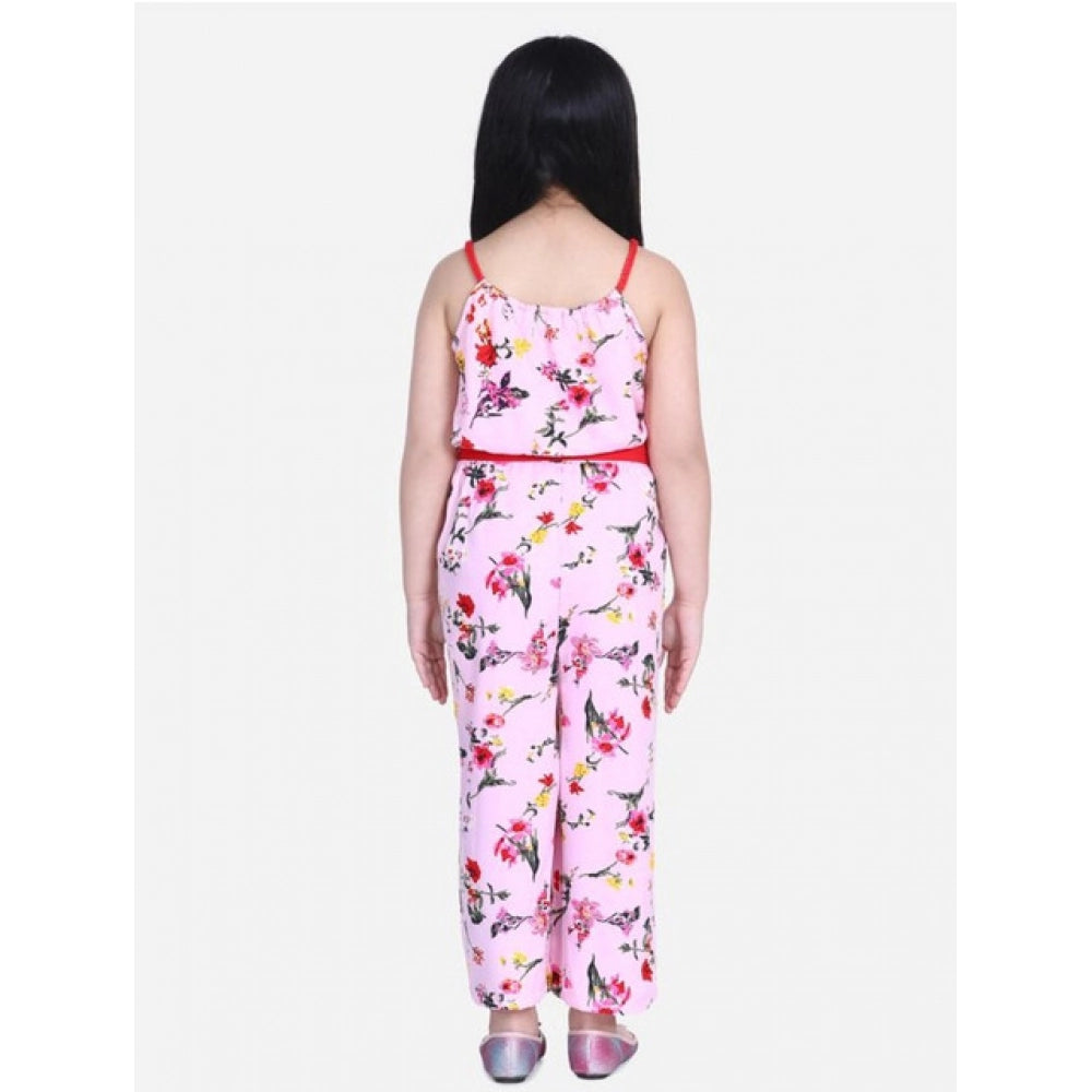 Amfyn Girl's Polyester Crepe Floral Shoulder Straps Jumpsuit (Pink-Red)