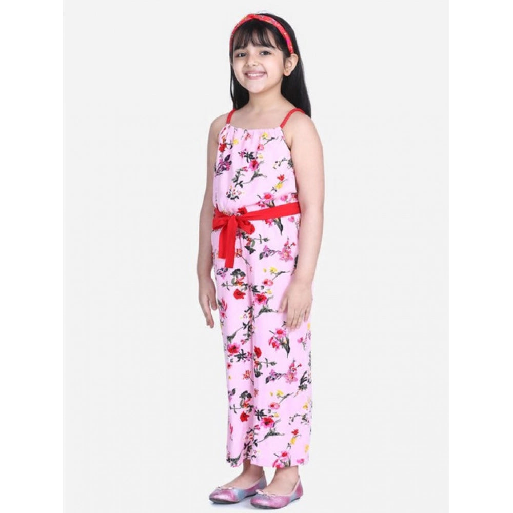 Amfyn Girl's Polyester Crepe Floral Shoulder Straps Jumpsuit (Pink-Red)
