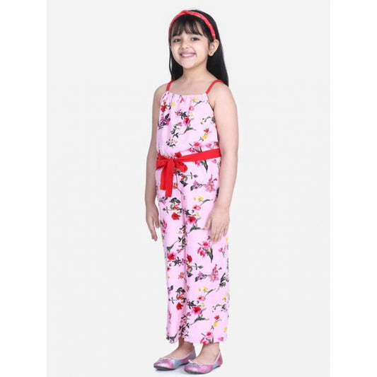 Amfyn Girl's Polyester Crepe Floral Shoulder Straps Jumpsuit (Pink-Red)