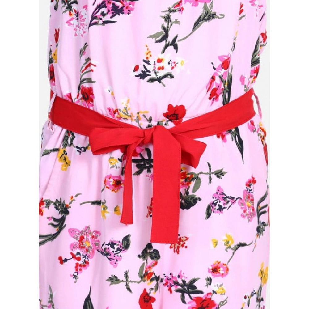 Amfyn Girl's Polyester Crepe Floral Shoulder Straps Jumpsuit (Pink-Red)