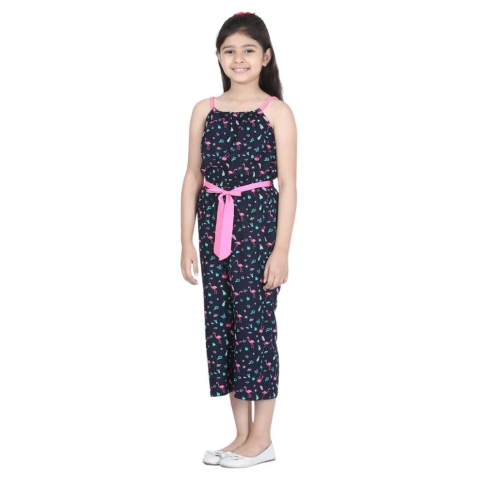 Amfyn Girl's Rayon Flamingo Print Sleeveless Jumpsuit (Black-Pink)
