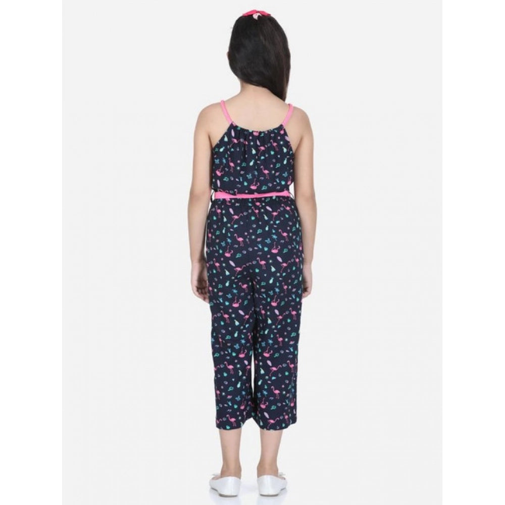 Amfyn Girl's Rayon Flamingo Print Sleeveless Jumpsuit (Black-Pink)