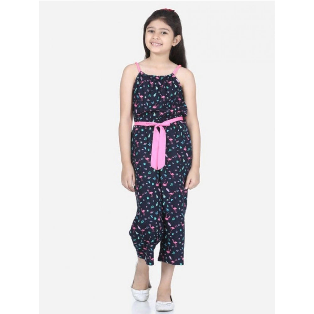 Amfyn Girl's Rayon Flamingo Print Sleeveless Jumpsuit (Black-Pink)