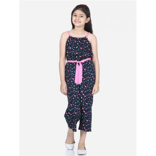 Amfyn Girl's Rayon Flamingo Print Sleeveless Jumpsuit (Black-Pink)