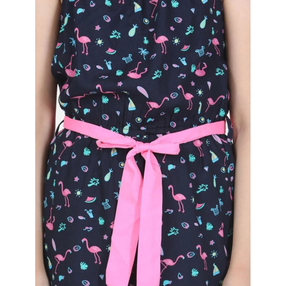 Amfyn Girl's Rayon Flamingo Print Sleeveless Jumpsuit (Black-Pink)