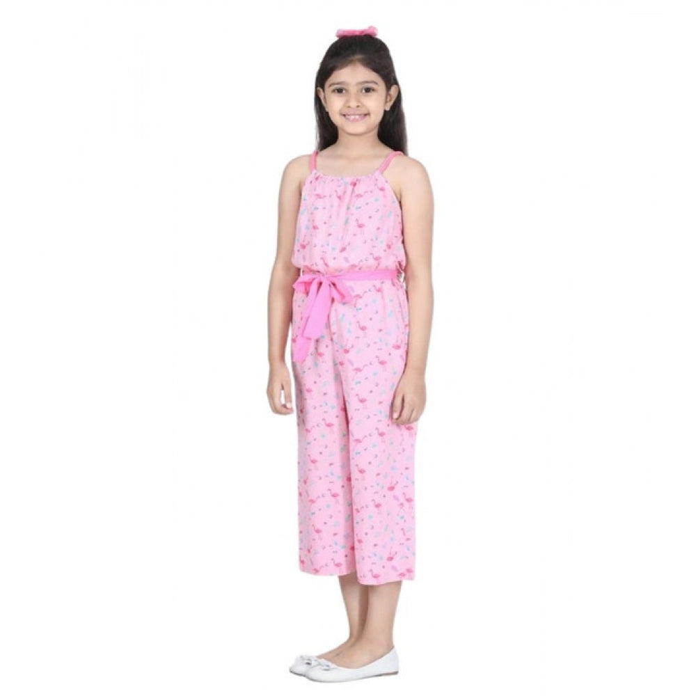 Amfyn Girl's Rayon Flamingo Print Sleeveless Jumpsuit (Pink)